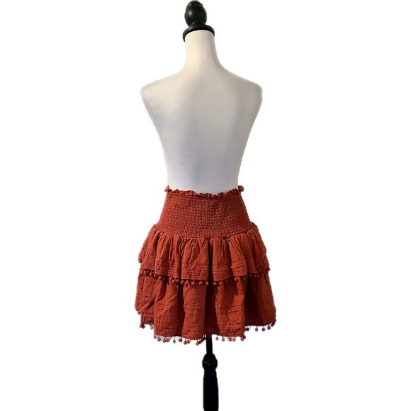 House of Harlow Terracotta Tiered Ruffle Pom Fringe Flare Skirt, Size L (8-10) - Picture 3 of 7